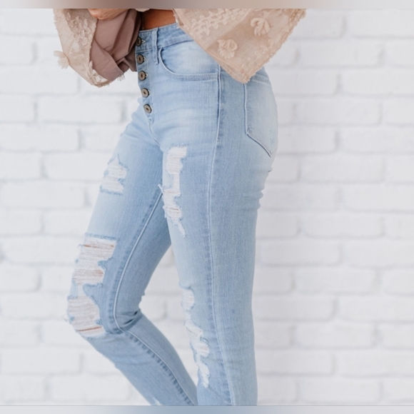 Kancan At Last Distressed Button Fly Skinny Jeans - Picture 3 of 9